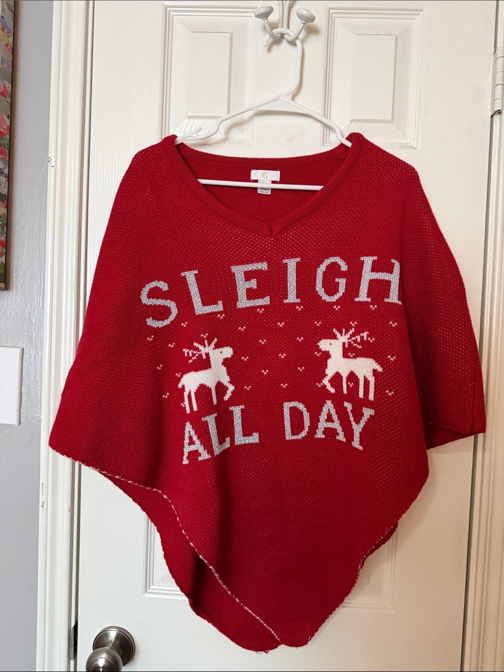 Holiday Red 'Sleigh All Day' V-Neck Poncho Sweater